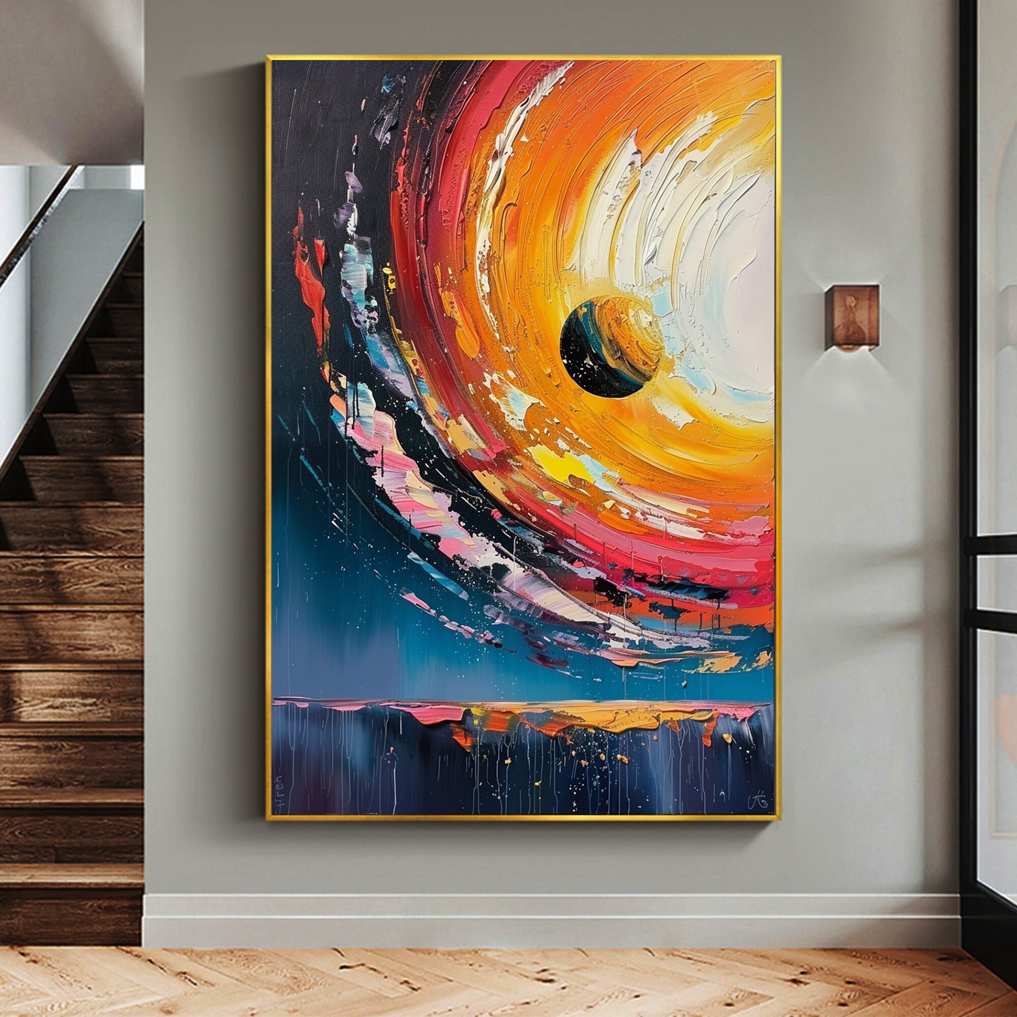 キャンバスに描かれた大きなオリジナルの星空油絵、抽象的なカラフルな