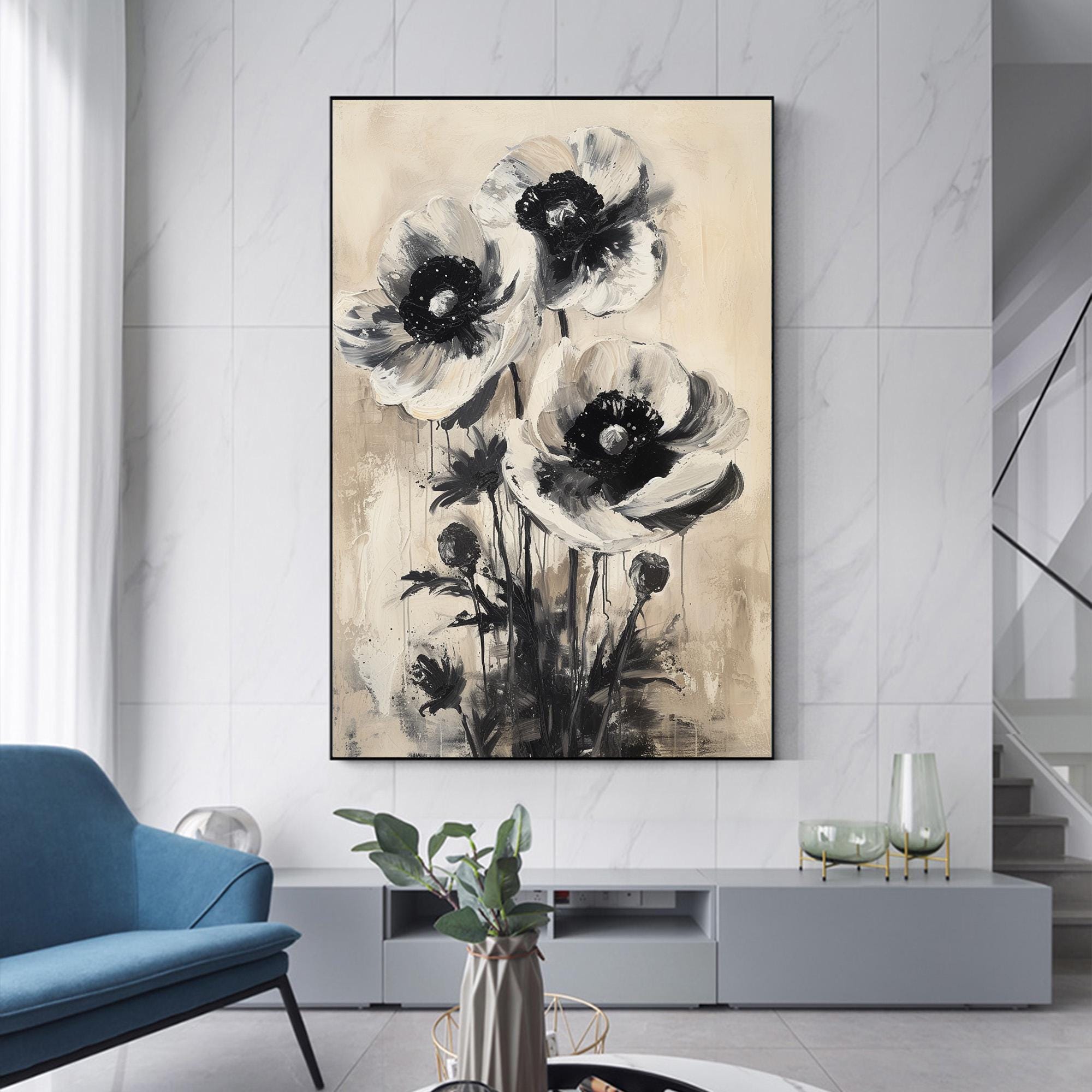キャンバスに描かれたオリジナルの花の油絵、大きな壁アート、抽象的な