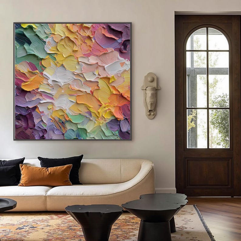 Colorful Abstract Floral Oil Painting, Textured Impasto Canvas Art ...
