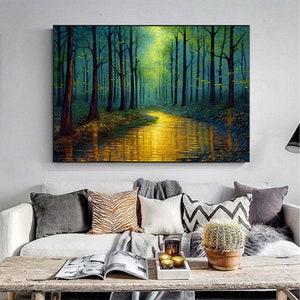 Abstract Forest Oil Painting On Canvas, Large Wall Art,Original Green Tree Painting River Landscape Art,Custom Painting,Living Room Decor