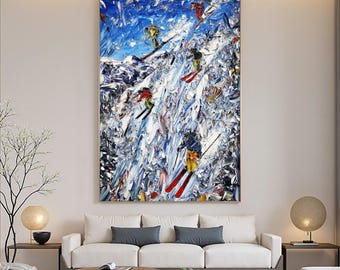 Original Skiing Oil Painting On Canvas, Large Abstract Textured Art