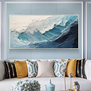 Original Ocean Wave Oil Painting On Canvas, Large Wall Art, Abstract Minimalist Painting, Custom Blue Sea Wall Art Living Room Decor Gift