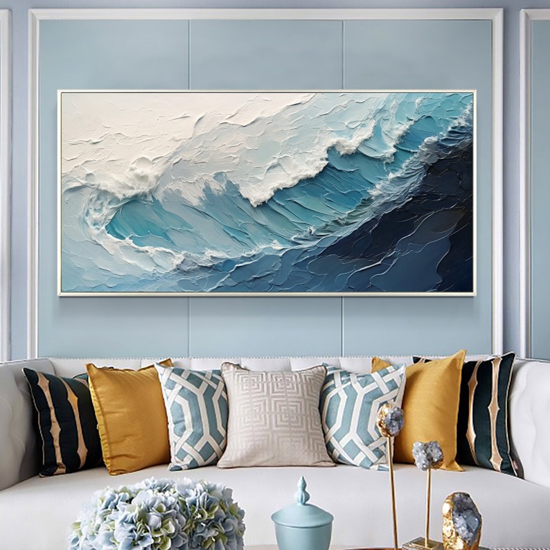 Original Ocean Wave Oil Painting On Canvas, Large Wall Art, Abstract Minimalist Painting, Custom Blue Sea Wall Art Living Room Decor Gift