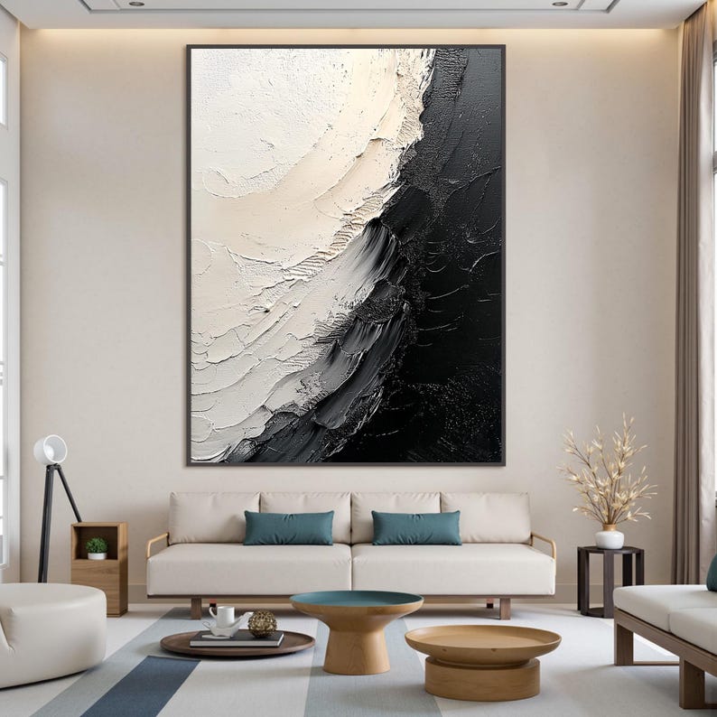 Abstract Black White Oil Painting on Canvas Large Textured Wall Art ...