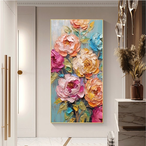 キャンバスに描かれたオリジナルの抽象的な花の油絵、大きな壁アート