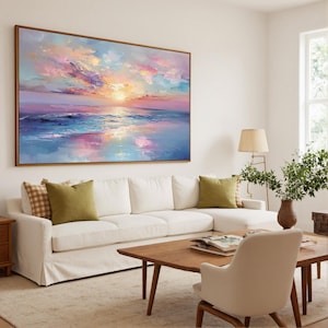 Vibrant Sunset Ocean Oil Painting, Transformative Teal Seascape, Persimmon Coastal Decor, Patina Blue Wave Art, Dopamine Room Aesthetic