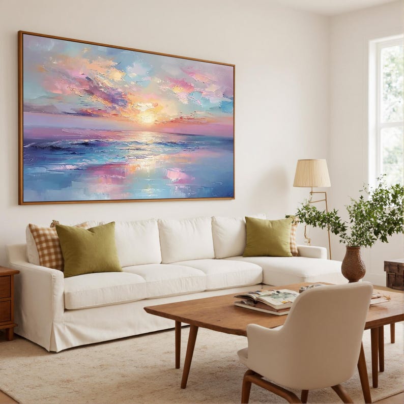 Vibrant Sunset Ocean Oil Painting, Transformative Teal Seascape, Persimmon Coastal Decor, Patina Blue Wave Art, Dopamine Room Aesthetic