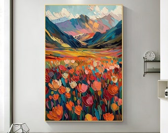 Original Flower Landscape Oil Painting on Canvas, Large Wall Art Abstract Mountain Art Spring Decor Modern Bedroom Wall Decor Home Decor