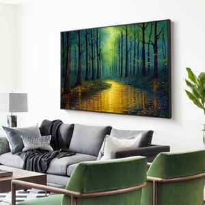 Abstract Forest Oil Painting On Canvas, Large Wall Art,Original Green Tree Painting River Landscape Art,Custom Painting,Living Room Decor