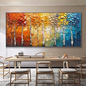 Abstract Colorful Forest Oil Painting On Canvas, Large Textured Wall Art, Original Tree Landscape Painting, Modern Living Room Wall Decor