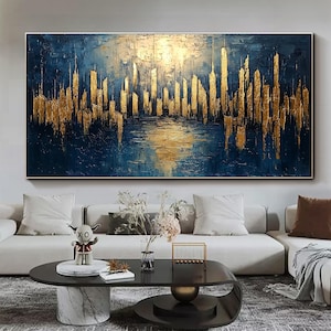 Grote abstracte gouden stad gebouw schilderij op canvas, origineel schilderij skyline stad, moderne stedelijke landschap kunst aan de muur, decor woonkamer
