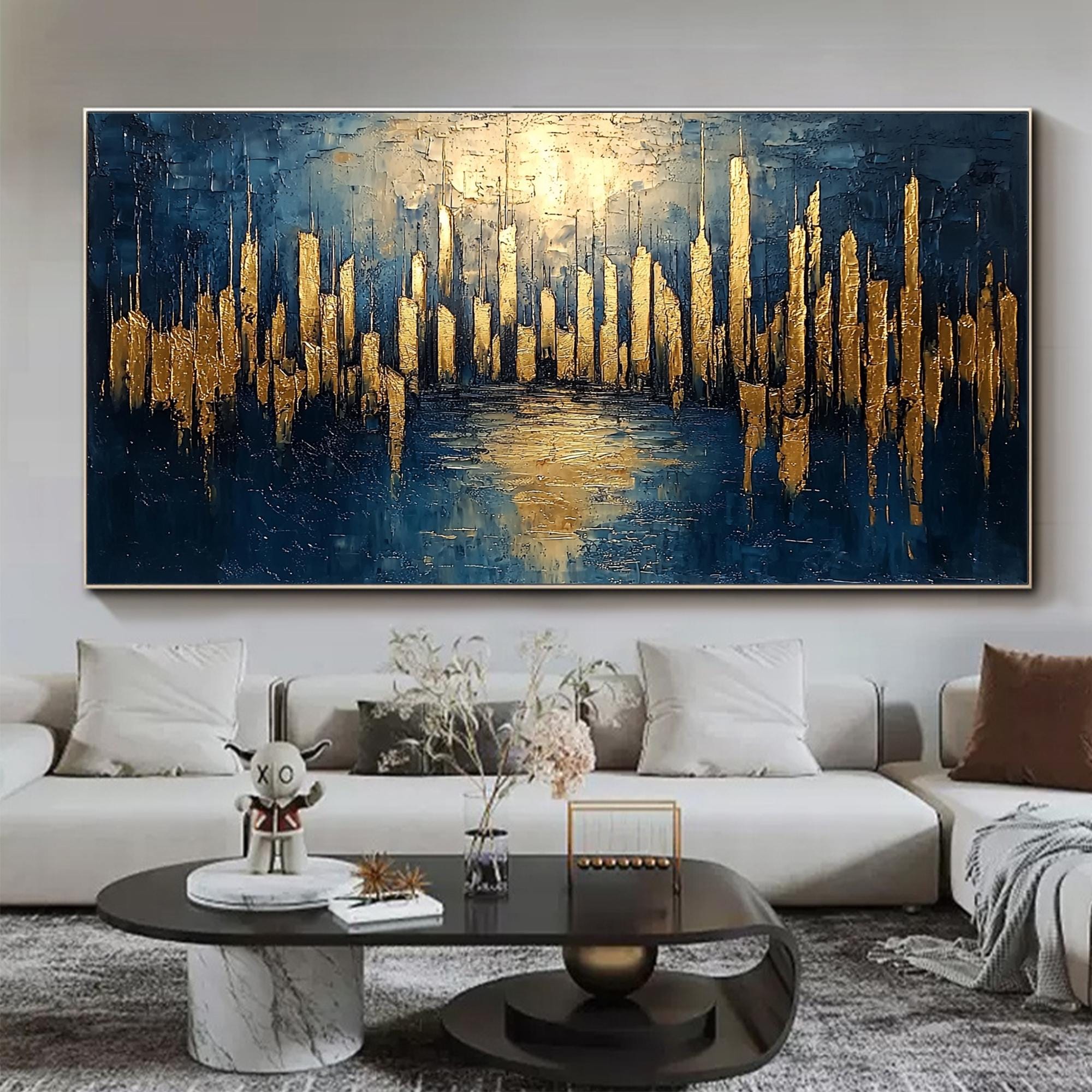 Large Abstract Golden City Building Painting on Canvas, Original City Skyline Painting, Modern Urban Landscape Wall Art, Living Room Decor