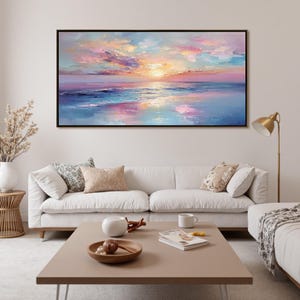 Vibrant Sunset Ocean Oil Painting, Transformative Teal Seascape, Persimmon Coastal Decor, Patina Blue Wave Art, Dopamine Room Aesthetic