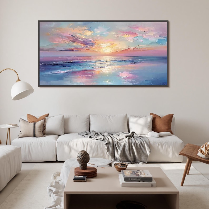 Vibrant Sunset Ocean Oil Painting, Transformative Teal Seascape, Persimmon Coastal Decor, Patina Blue Wave Art, Dopamine Room Aesthetic