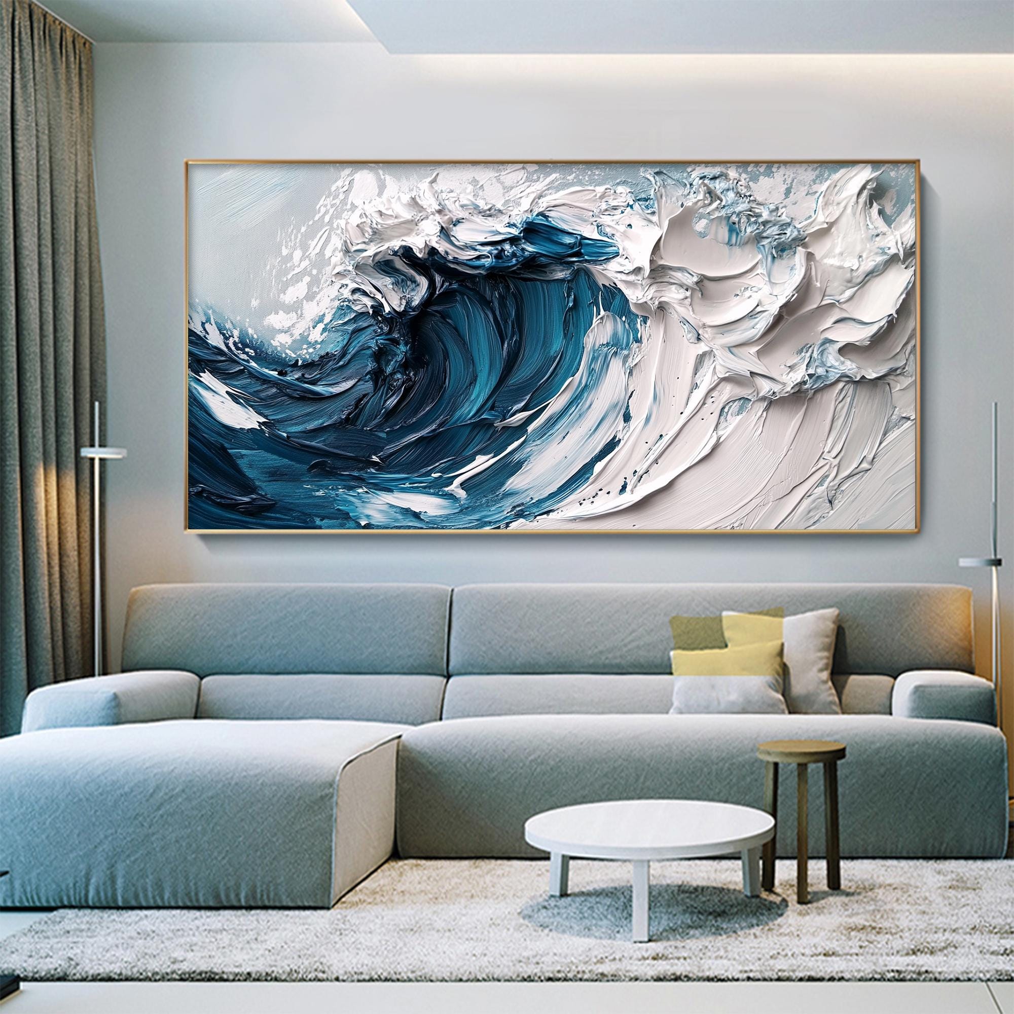 Original Minimalist Beach Oil Painting on Canvas, Abstract Texture Blue Ocean Wave Painting, Large Wall Art, Custom Living Room Wall Decor