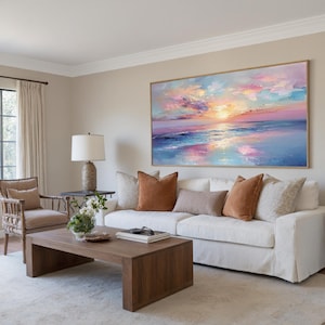 Vibrant Sunset Ocean Oil Painting, Transformative Teal Seascape, Persimmon Coastal Decor, Patina Blue Wave Art, Dopamine Room Aesthetic