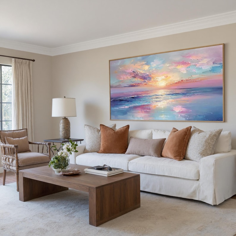 Vibrant Sunset Ocean Oil Painting, Transformative Teal Seascape, Persimmon Coastal Decor, Patina Blue Wave Art, Dopamine Room Aesthetic