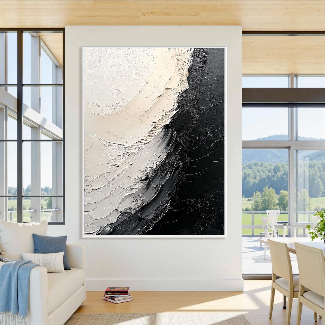 Abstract Black White Oil Painting on Canvas Large Textured Wall Art ...