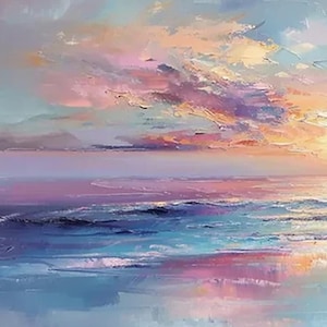Vibrant Sunset Ocean Oil Painting, Transformative Teal Seascape, Persimmon Coastal Decor, Patina Blue Wave Art, Dopamine Room Aesthetic