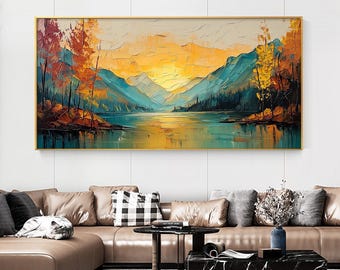 キャンバスに描かれたオリジナルの抽象的な山の風景油絵、夕焼けの風景