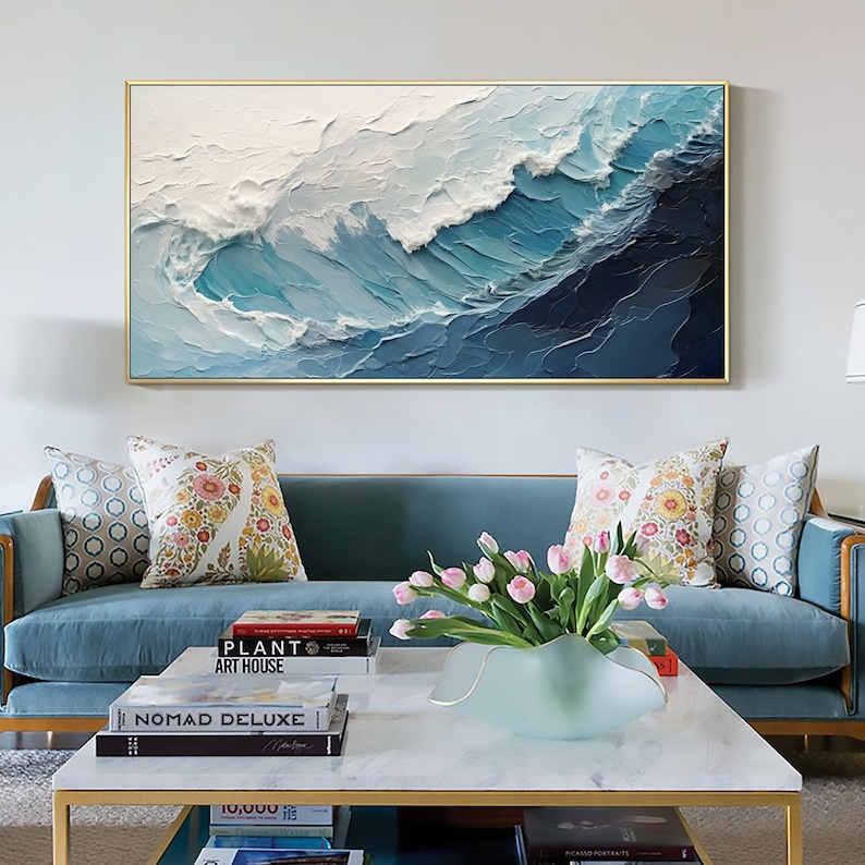 Original Ocean Wave Oil Painting On Canvas, Large Wall Art, Abstract Minimalist Painting, Custom Blue Sea Wall Art Living Room Decor Gift