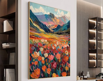 Original Flower Landscape Oil Painting on Canvas, Large Wall Art Abstract Mountain Art Spring Decor Modern Bedroom Wall Decor Home Decor