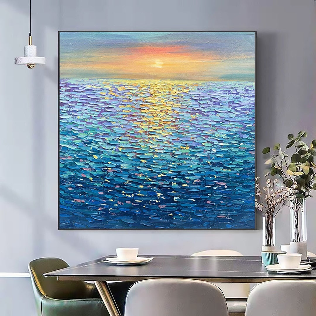 Large Ocean Landscape Oil Painting on Canvas, Original Abstract Sunset ...