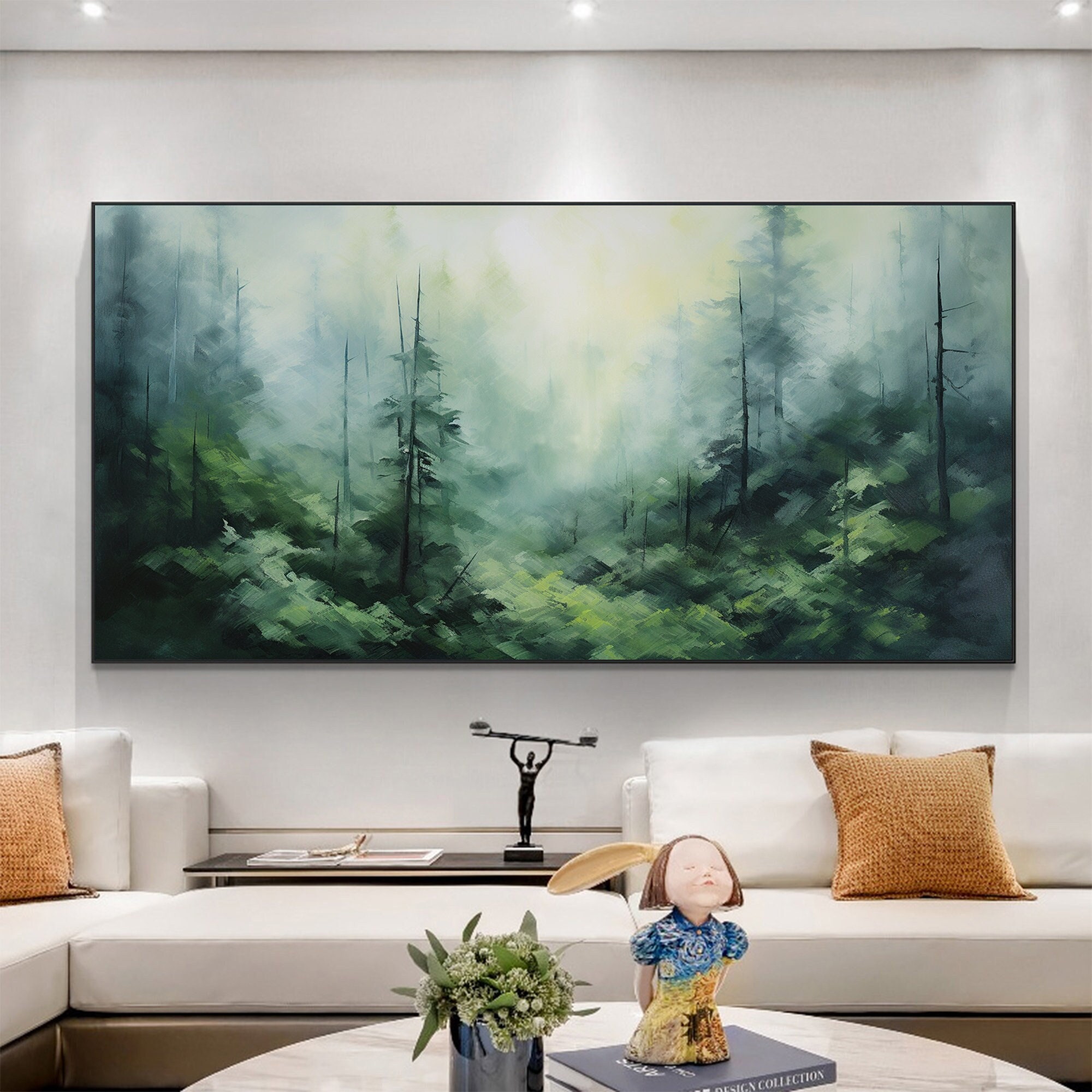 Visual Art Decor Leinwand-Wandbild – 5-teilig, Blaugrüne Baumlandschaft, 152x81 Cm, Gerahmt