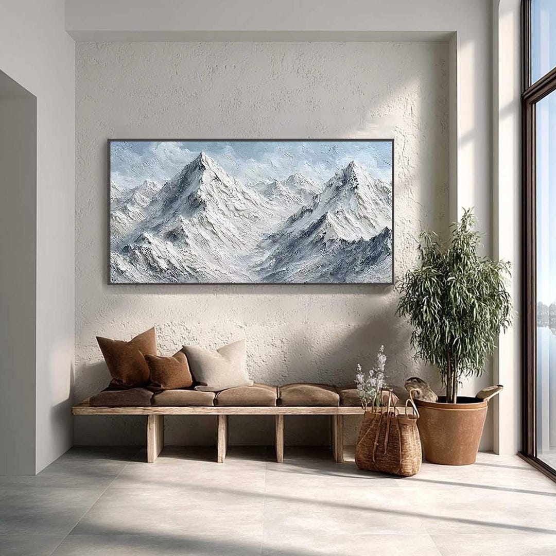 Textured Mountain Oil Painting Snowy Peaks Impasto Landscape Modern textured-mountain-oil-painting-snowy-peaks-impasto-landscape-modern