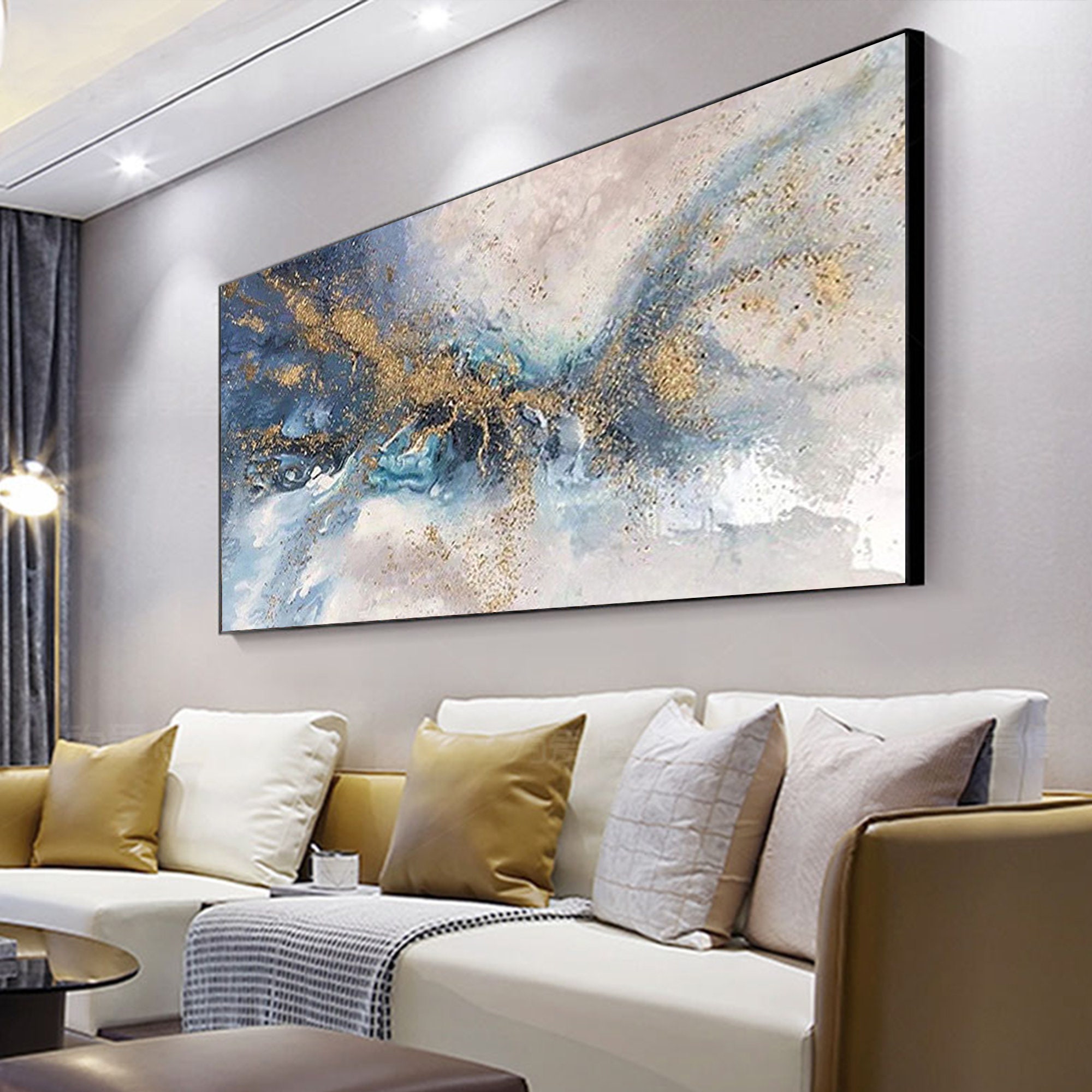 Abstract Gold Texture Oil Painting on Canvas, Large Wall Art, Blue ...