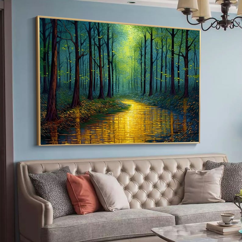 Abstract Forest Oil Painting On Canvas, Large Wall Art,Original Green Tree Painting River Landscape Art,Custom Painting,Living Room Decor