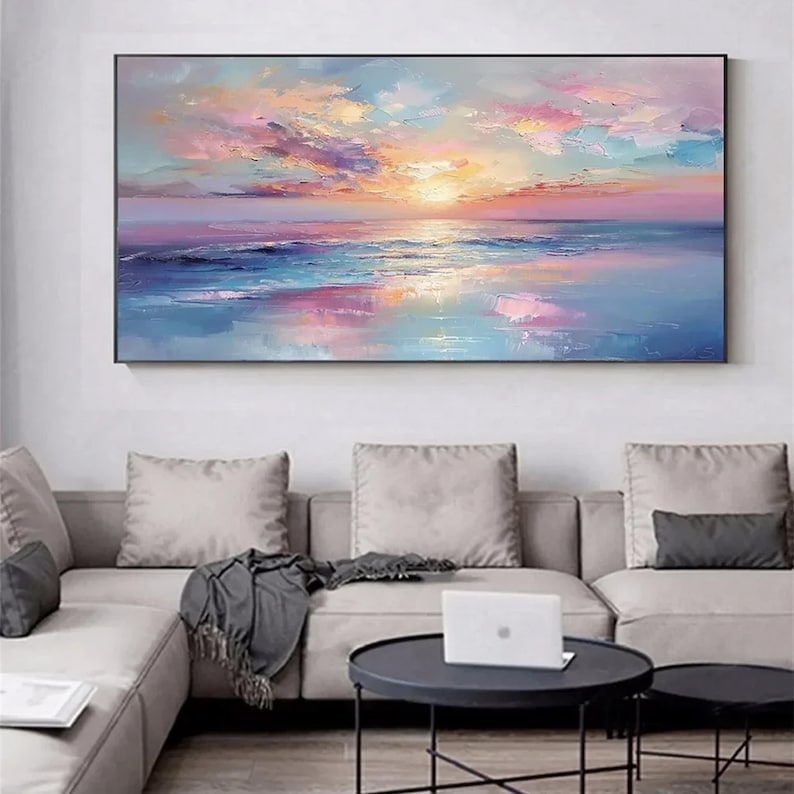 Vibrant Sunset Ocean Oil Painting, Transformative Teal Seascape, Persimmon Coastal Decor, Patina Blue Wave Art, Dopamine Room Aesthetic