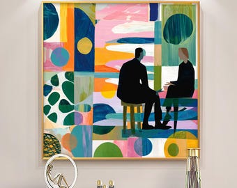 Vibrant Abstract Portrait Oil Painting on Canvas, Original Urban Life Painting, Luxury Wall Art, Contemporary Art Stylish Bedroom Wall Decor