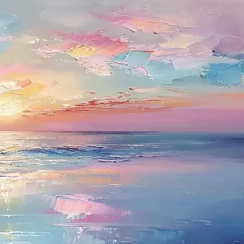 Vibrant Sunset Ocean Oil Painting, Transformative Teal Seascape, Persimmon Coastal Decor, Patina Blue Wave Art, Dopamine Room Aesthetic