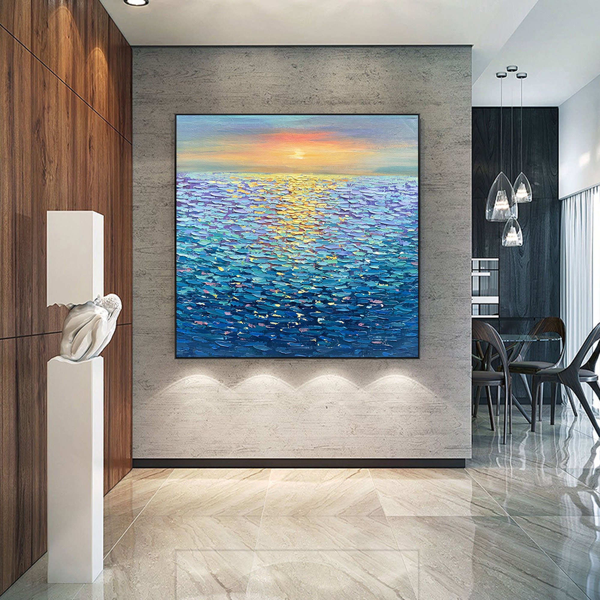 Large Ocean Landscape Oil Painting on Canvas, Original Abstract Sunset ...