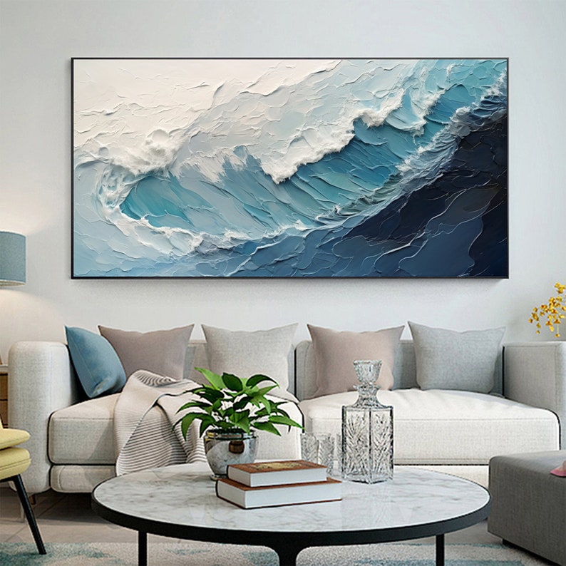 Original Ocean Wave Oil Painting On Canvas, Large Wall Art, Abstract Minimalist Painting, Custom Blue Sea Wall Art Living Room Decor Gift