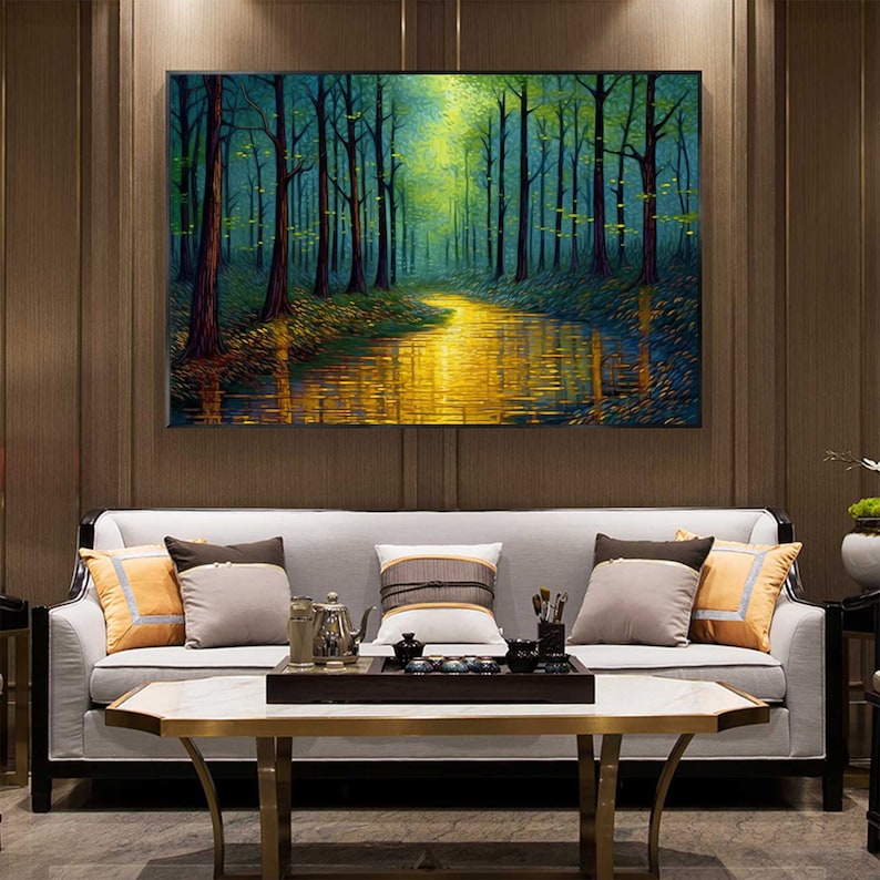 Abstract Forest Oil Painting On Canvas, Large Wall Art,Original Green Tree Painting River Landscape Art,Custom Painting,Living Room Decor