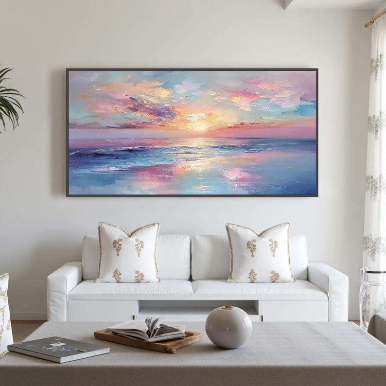 Vibrant Sunset Ocean Oil Painting, Transformative Teal Seascape, Persimmon Coastal Decor, Patina Blue Wave Art, Dopamine Room Aesthetic