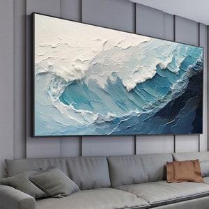 Original Ocean Wave Oil Painting On Canvas, Large Wall Art, Abstract Minimalist Painting, Custom Blue Sea Wall Art Living Room Decor Gift