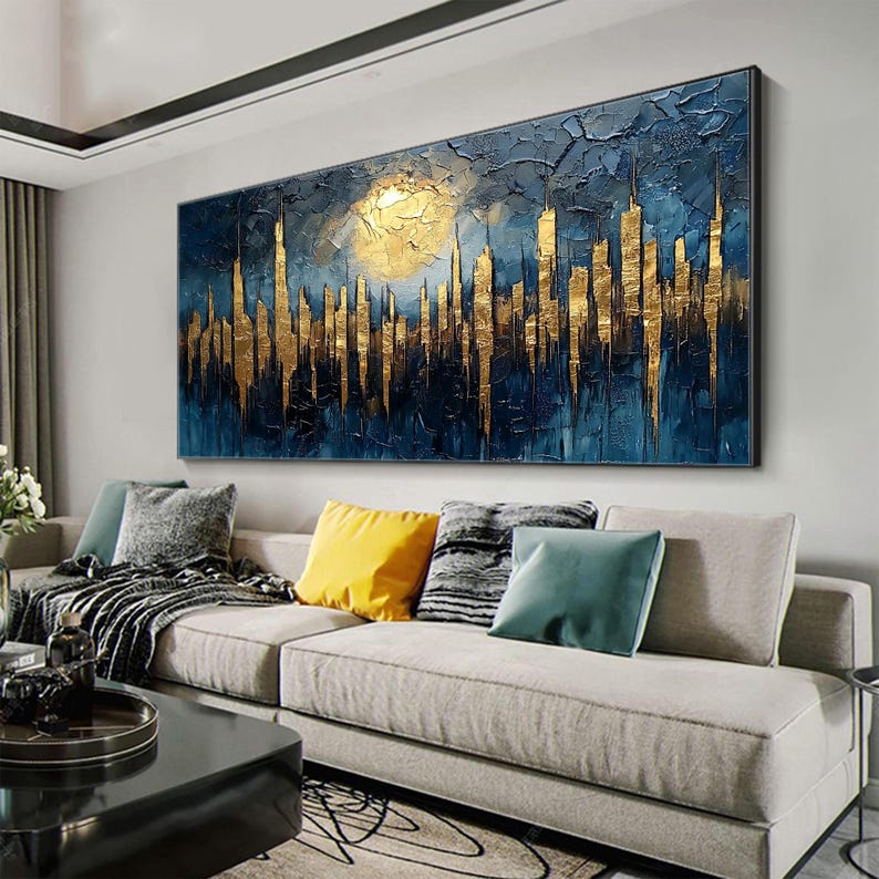 Abstract Golden City Building Oil Painting on Canvas, Large Original