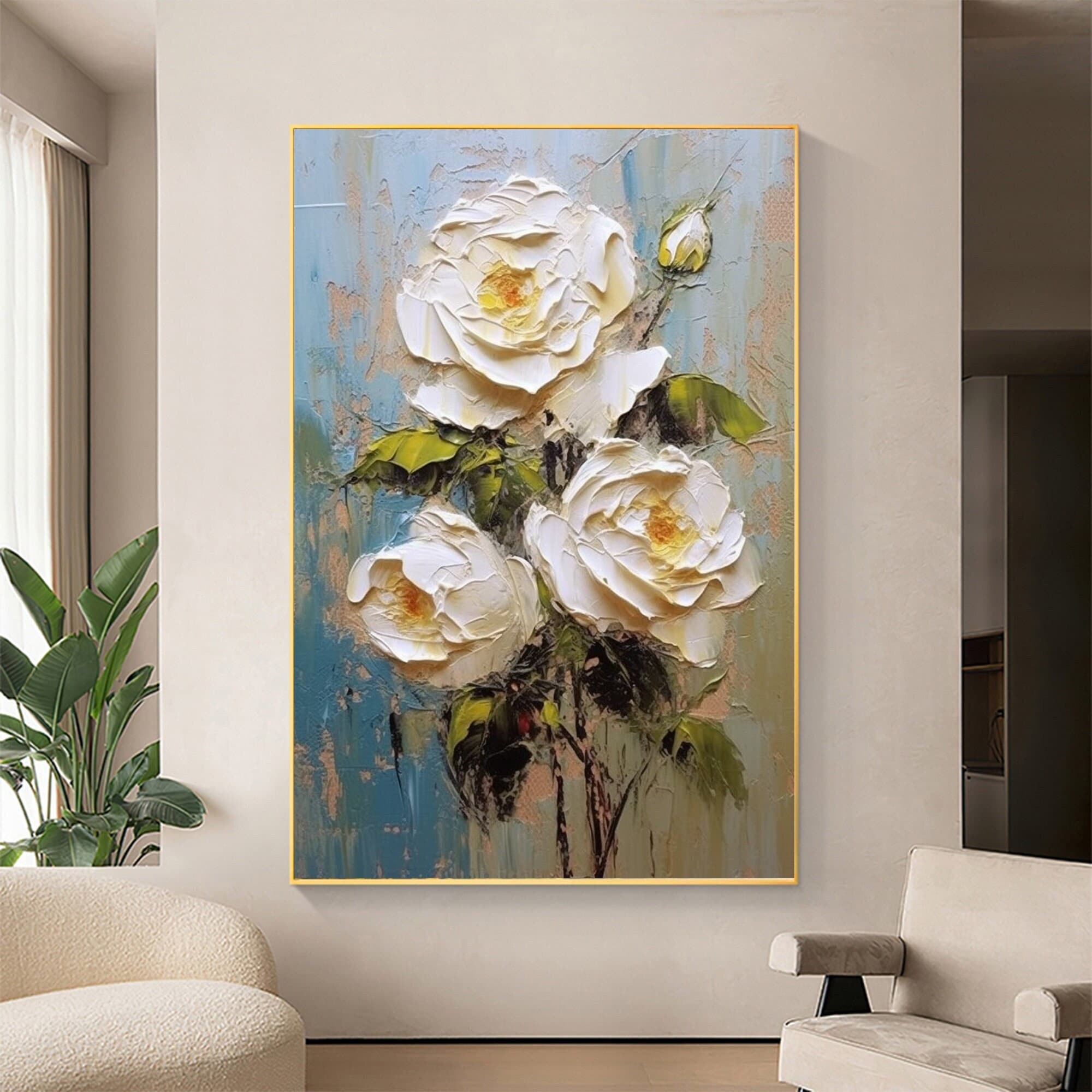 Abstract White Flower Oil Painting on Canvas, Large Wall Art, Original Floral Painting,Minimalist Art,Custom Painting,Living Room Decor Gift