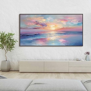 Vibrant Sunset Ocean Oil Painting, Transformative Teal Seascape, Persimmon Coastal Decor, Patina Blue Wave Art, Dopamine Room Aesthetic