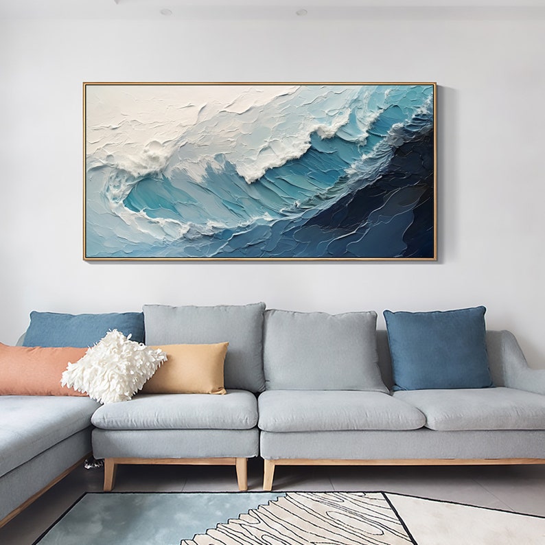 Original Ocean Wave Oil Painting On Canvas, Large Wall Art, Abstract Minimalist Painting, Custom Blue Sea Wall Art Living Room Decor Gift