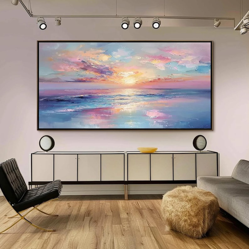 Vibrant Sunset Ocean Oil Painting, Transformative Teal Seascape, Persimmon Coastal Decor, Patina Blue Wave Art, Dopamine Room Aesthetic