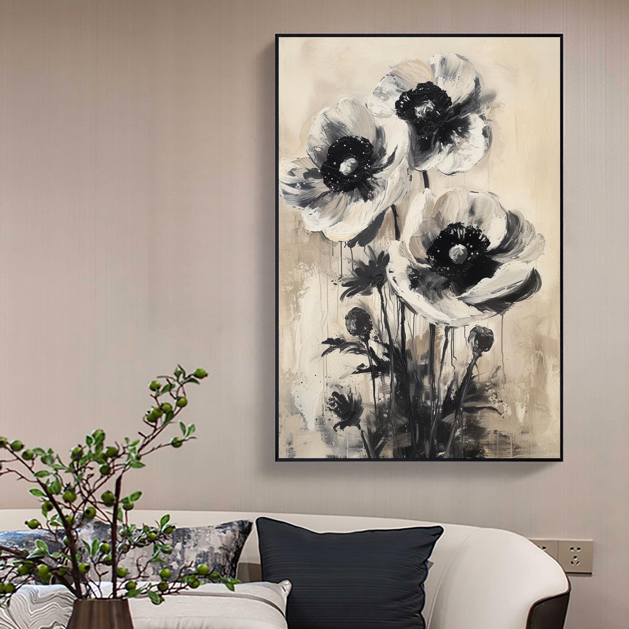 キャンバスに描かれたオリジナルの花の油絵、大きな壁アート、抽象的な