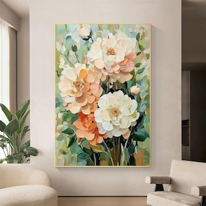 Abstract Colorful Textured Flower Oil Painting on Canvas, Large Original Modern Minimalist Floral Wall Art, Custom Living Room Wall Decor
