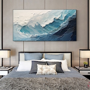 Original Ocean Wave Oil Painting On Canvas, Large Wall Art, Abstract Minimalist Painting, Custom Blue Sea Wall Art Living Room Decor Gift