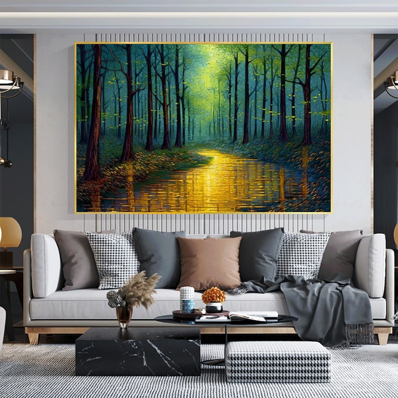 Abstract Forest Oil Painting On Canvas, Large Wall Art,Original Green Tree Painting River Landscape Art,Custom Painting,Living Room Decor