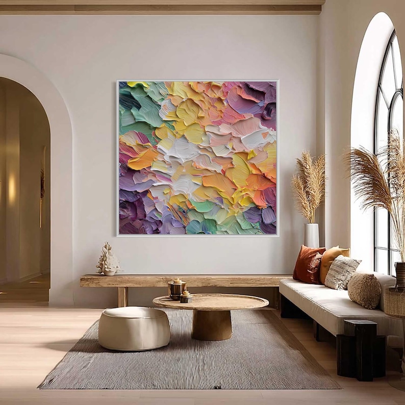 Colorful Abstract Floral Oil Painting, Textured Impasto Canvas Art ...
