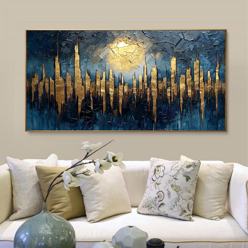 Abstract Golden City Building Oil Painting on Canvas, Large Original
